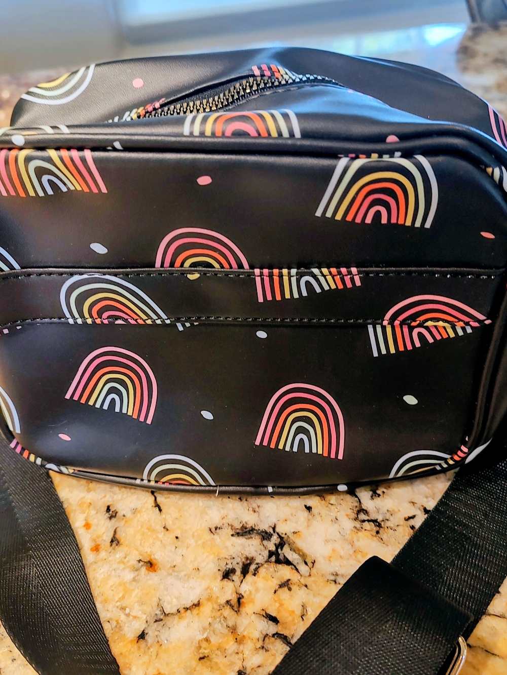 Olivia Miller Black Shoulder Bag w Pink, Yellow/ White Rainbow Print 8.5"X6.25"